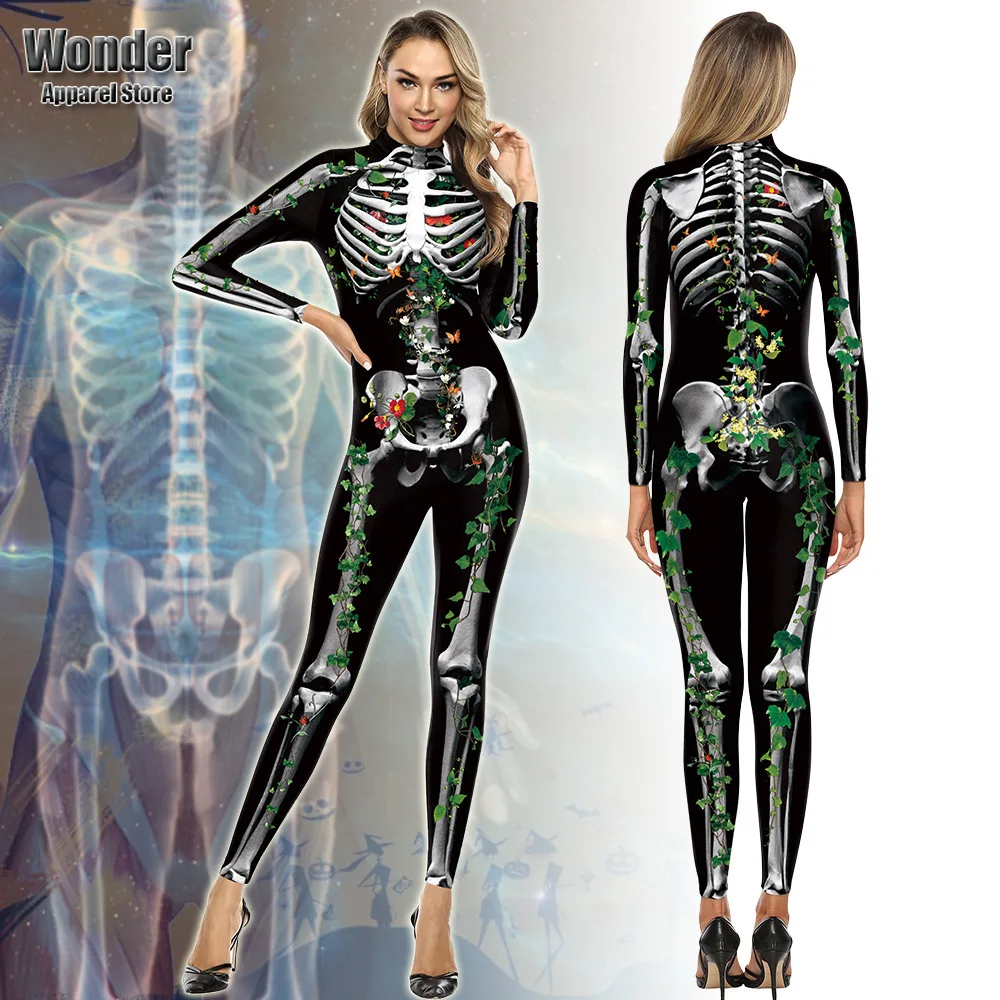 

Women Men Flowers Skull Body Skeleton 3D Printing Jumpsuit Adult Halloween Cosplay Costumes Party Role Playing Dress Up Outfit