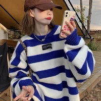 lazy style loose simple cute sweet fashionable versatile long sleeved striped printed round neck pullover sweater