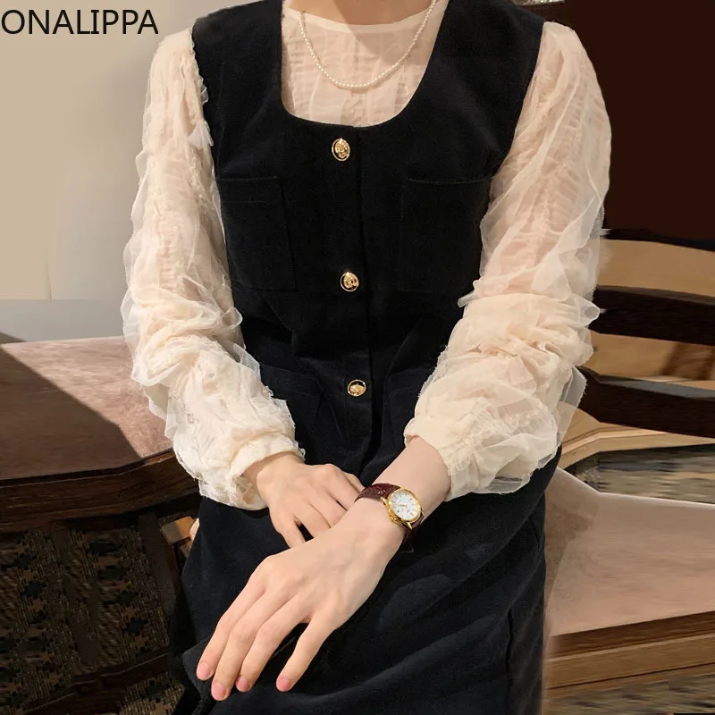 

Onalippa Women Spring Autumn French Gentle Temperament O Neck Micro-sheer Lace Shirt All-match Velvet Vest Black Dress Female