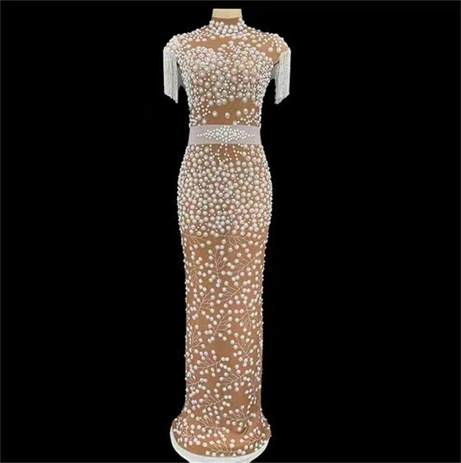 

Beads Birthday Dress Women Sparkly Fringes Chains Dresses Nightclub Pearl Fantasias Dance Costume Partykleider Concert Outfits