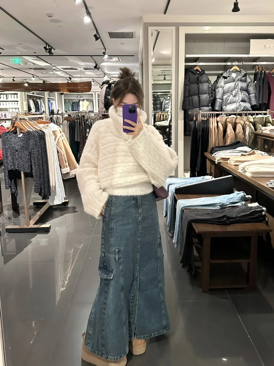 Женский белый вязаный свитер Harajuku 90-х Y2k однотонный джемпер с разрезом на шее и