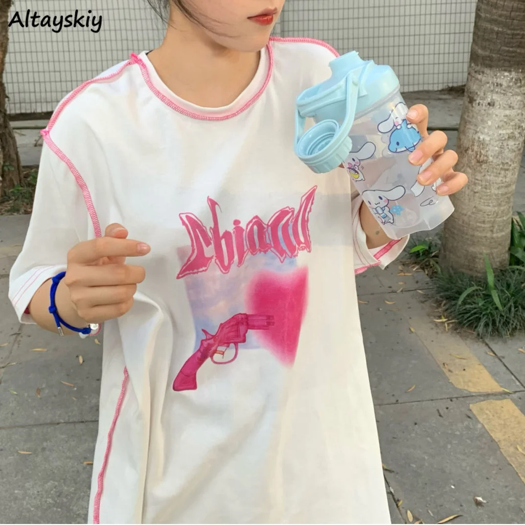 

Women Short Sleeve T-shirts Patchwork Print Teens Casual Streetwear High Street Harajuku Fashion Cotton Cool Hot Sweet Ulzzang