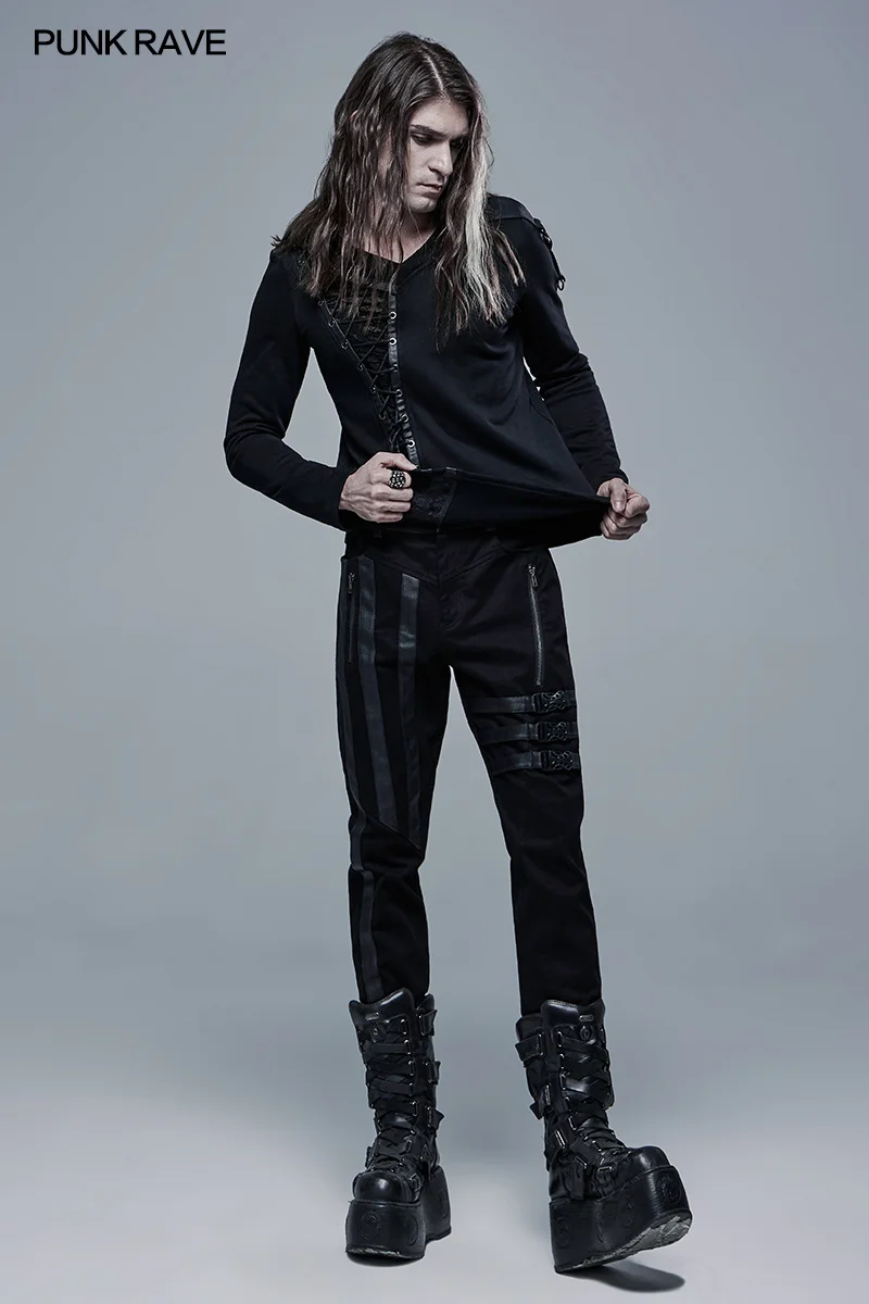 

Casual Men Denim Trousers Gothic Personality Fashion Elastic Woven Black Long Pants Leg Loop Decorated PUNK RAVE Men's Dark
