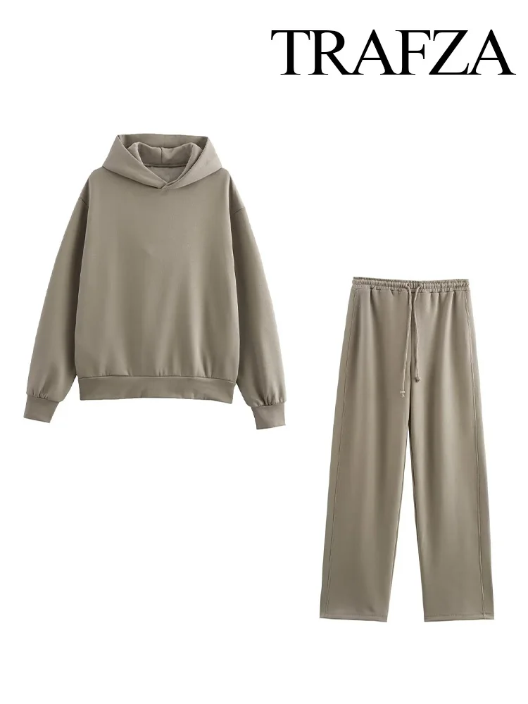 TRAFZA женские модные брючные костюмы трендовый однотонный свитшот с капюшоном топ