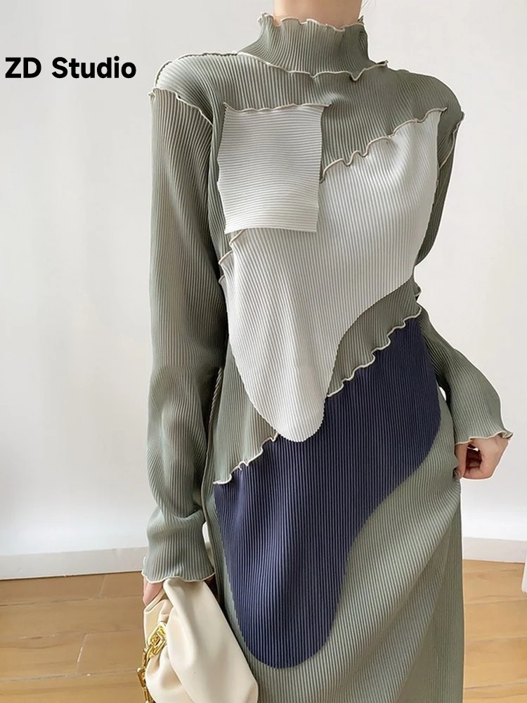 

[ZD Studio] Contrast Color Patchwork Pleated Dress For Women Long Sleeves Slim Female Dresses 2023 Autumn New