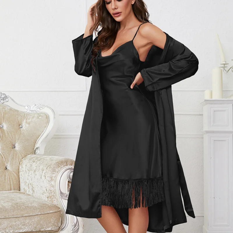 

Атласная пижама с кисточками, Свадебный комплект из двух предметов, халат, сексуальный шелковый женский халат, ночнушка на бретелях-спагетти, летняя Домашняя одежда, платье