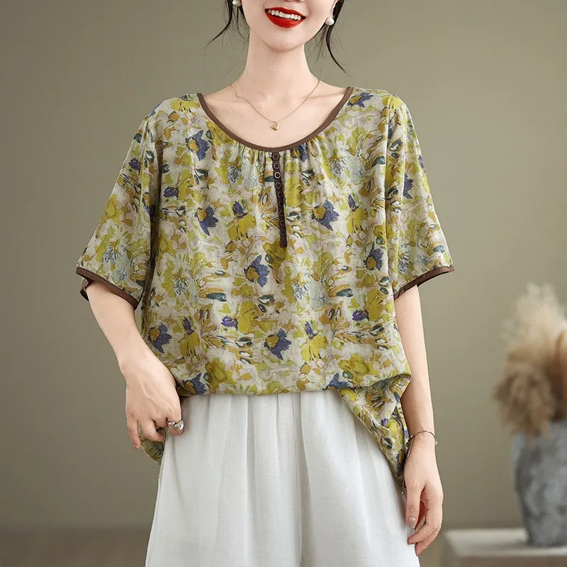 Женский пуловер с принтом Johnature Повседневная Свободная блузка круглым вырезом и