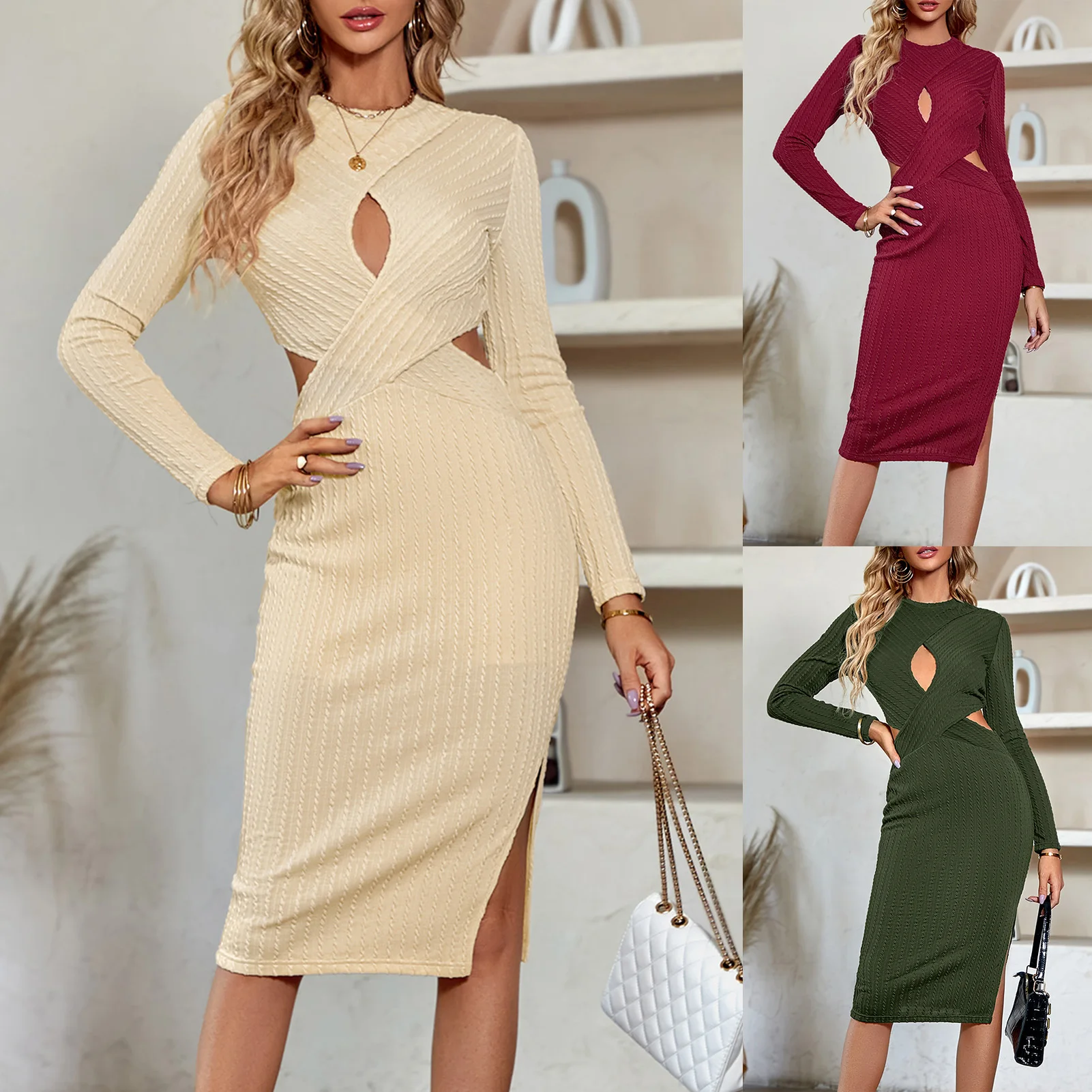 

Solid Color Crew Neck Hollow Out Long Sleeve Dress Side Slit Women Casual Long Dress Waisted Tunic Midi Dress Vacation Outfit