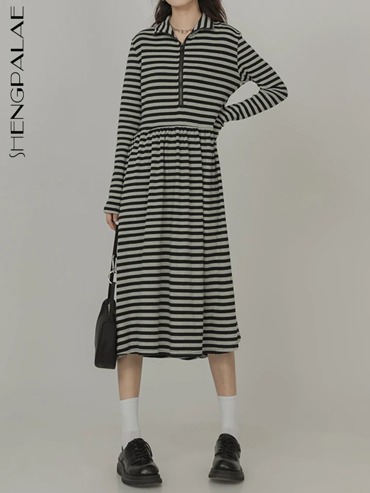 

SHENGPALAE Fashion Striped Dress For Women Stand Collar Zipper Full Sleeve High Waist Spliced A-line Robe Autumn 2023 New 5R4702