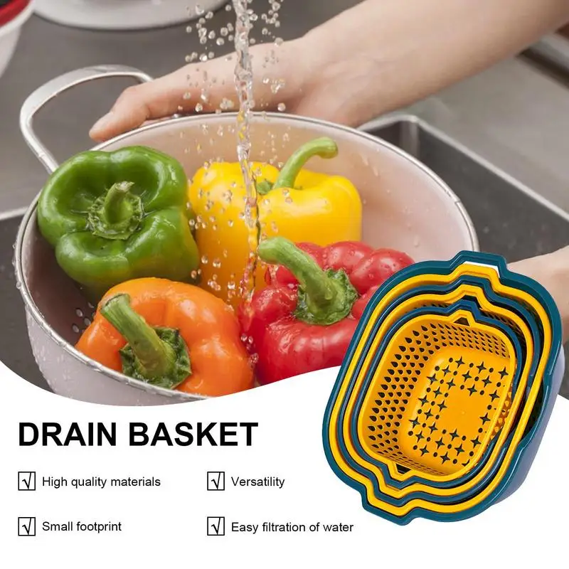 

Fruits And Vegetables Drain Basket Foldable Strainer Colander Collapsible Drainer Basket Double Layer Vegetable Washing basket
