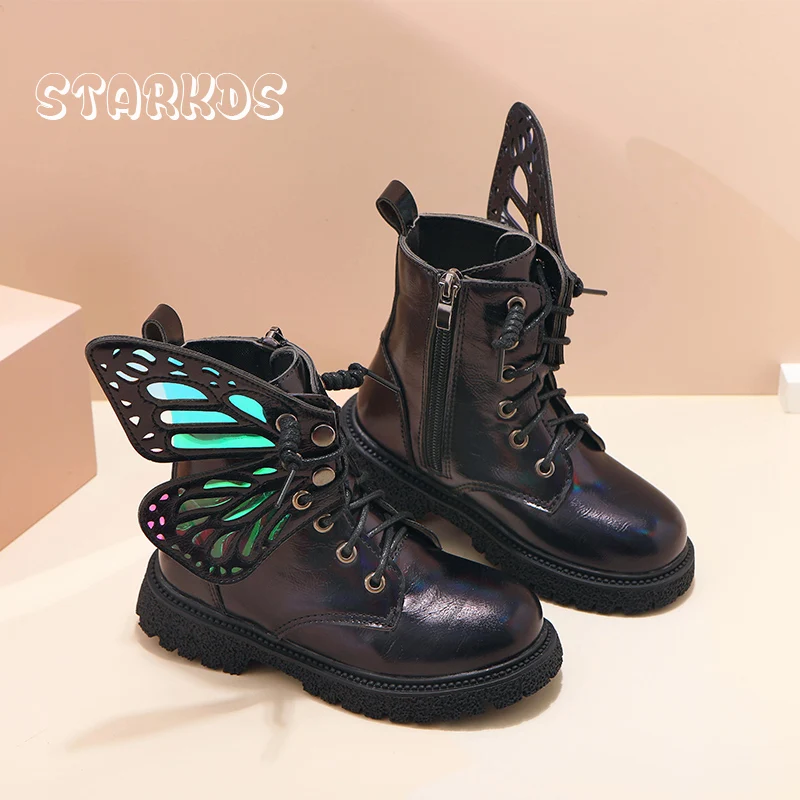 Butterfly Wings Flat Boots Girls Fashion Fairy Shoes Kids Autumn Laser Silver Colorful Lace Up Ankle Botines with Lug Sole enlarge