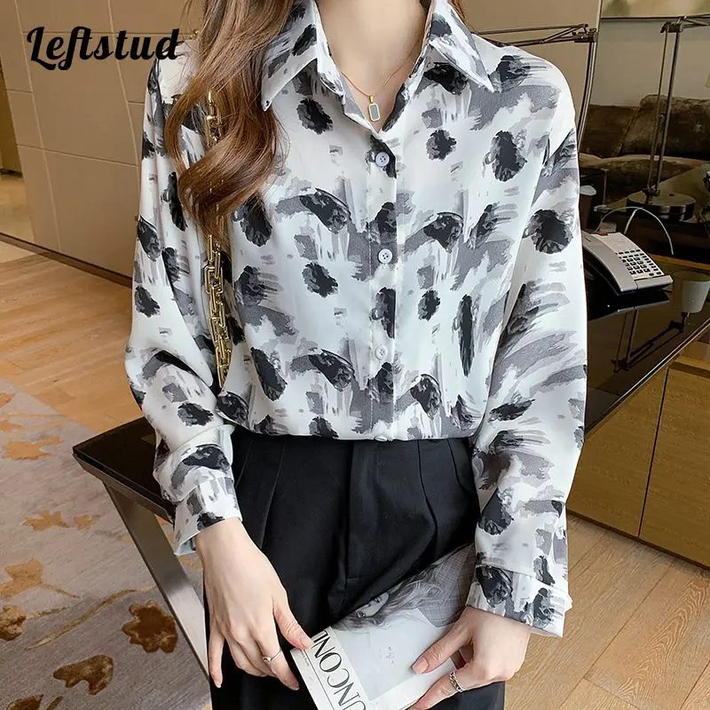 

Gray Leopard Vintage Print Chiffon Women's Blouse Shirt 2022 Autumn Long Sleeve Korean Fashion Fashion Female Loose Blouses Top