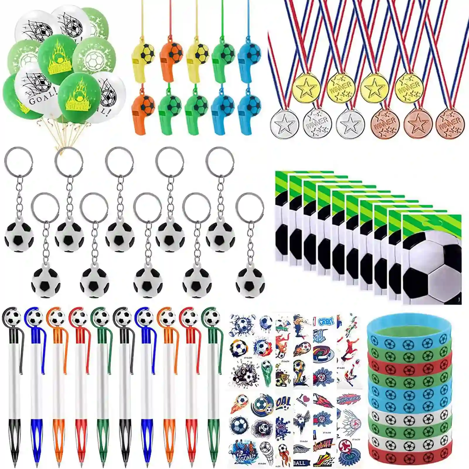 

Soccer Party Favors Soccer Themed Party Favors Football Game Toy Whistle Stickers Puzzles Key Chains Balloons Silicone Bracelet