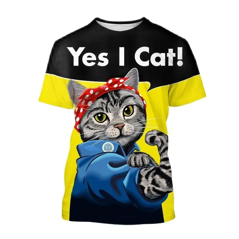 

unisexly Text 3d Summer Cute Animal Short Sleeve Cat Pattern Casual Top 6xl