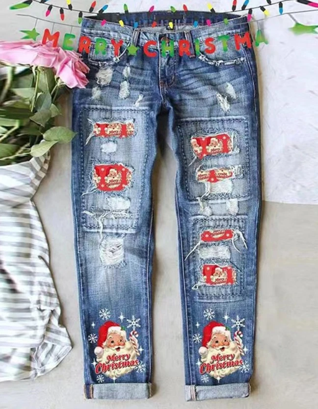 

Women's Pants Fashion Merry Christmas Santa Claus Snowflake Print Ripped Jeans 2023 Autumn Casual Denim Trousers Streetwear