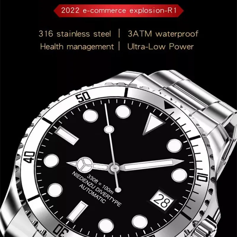 R1 Smart Watch Men 316 Stainless Steel Band Business Bluetooth Call Sports 3ATM Waaterproof  24H Heart Rate Health Monitoring