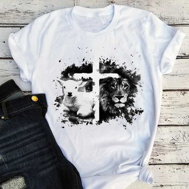 Женская футболка с рисунком льва и ягненка Классическая Летняя изображением