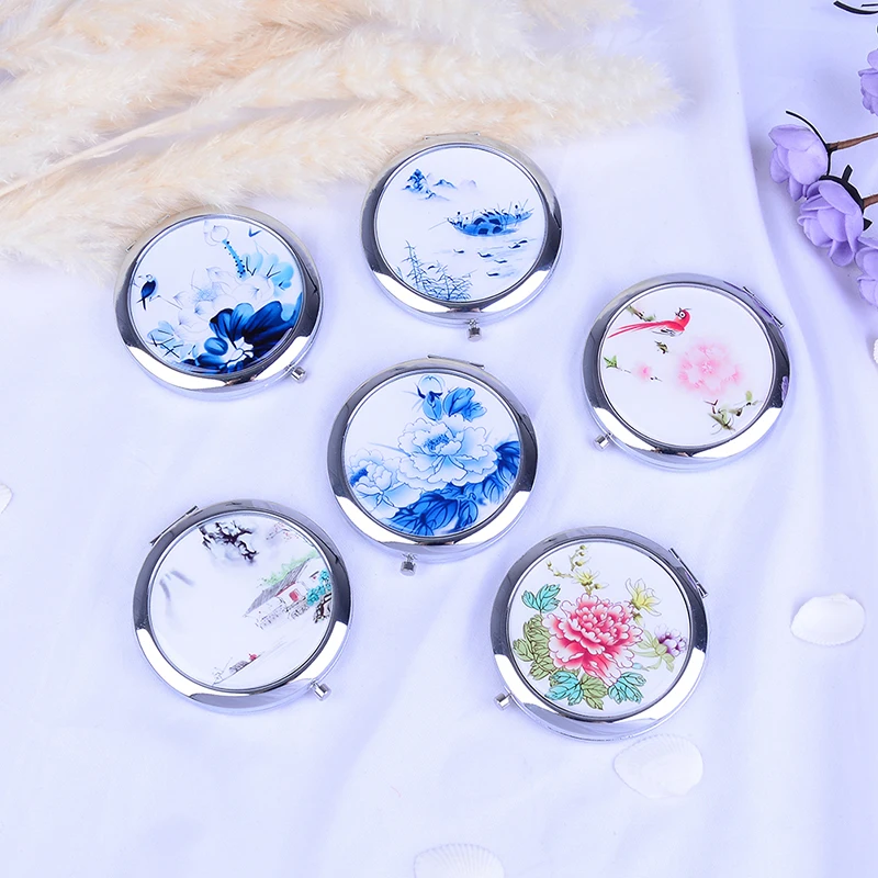 

DSHOU197 Double Sided Magnifying Folding Makeup Mirror White and Blue Porcelain Mirrors Mini Makeup Compact Pocket Mirror
