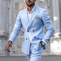 handsome casual light blue double breasted wedding dress slim fit costume homme men suits terno masculino prom groom tuxedos