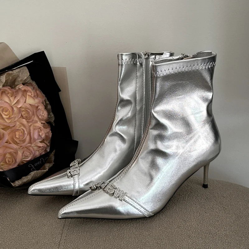 

Fashion Style Crystal Diamond Chelsea Ankle Boots Women Autumn Zipper Pointed Toe Thin Heels Gold Silver Shoes