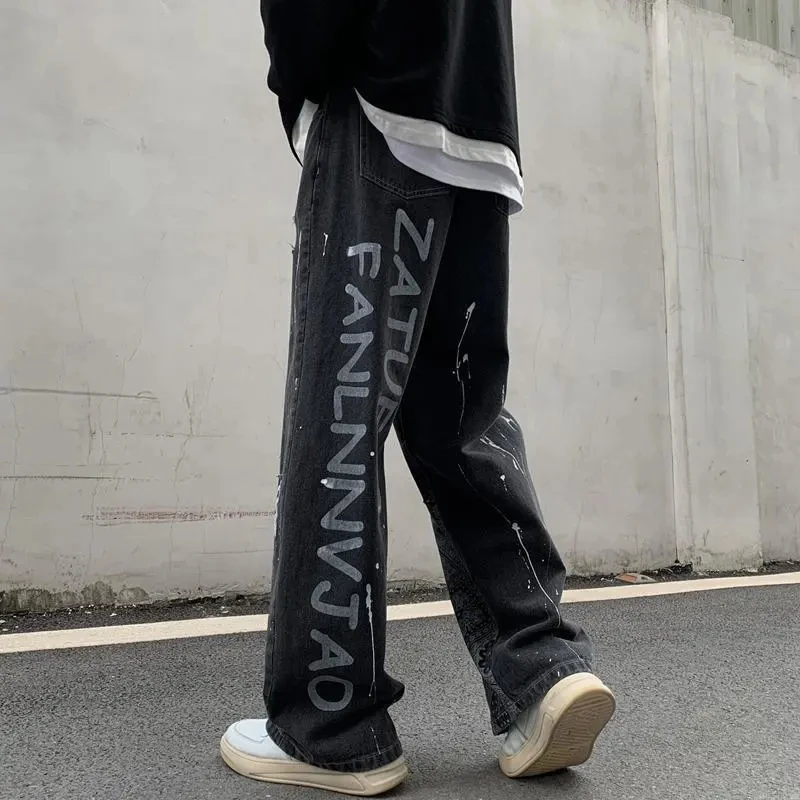 American Street Clothing Retro Trend Pocket Jeans Female Letter Star Print High Waist Casual Oversized Straight Pants Unisex