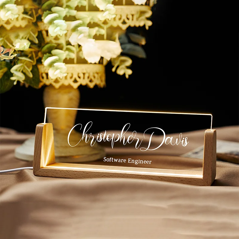 

Personalized Desk Nameplate Name Tag With Wooden Base Night Light Acrylic Nameplate Office Gifts Desk Accessories New Job Gifts