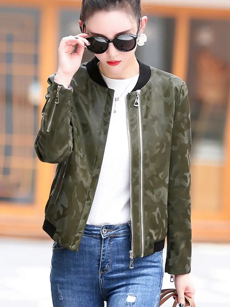New Women Leather Camouflage Baseball Uniform Spring Autumn Fashion Splice Stand Collar Sheepskin Short Jacket Loose Casual Coat