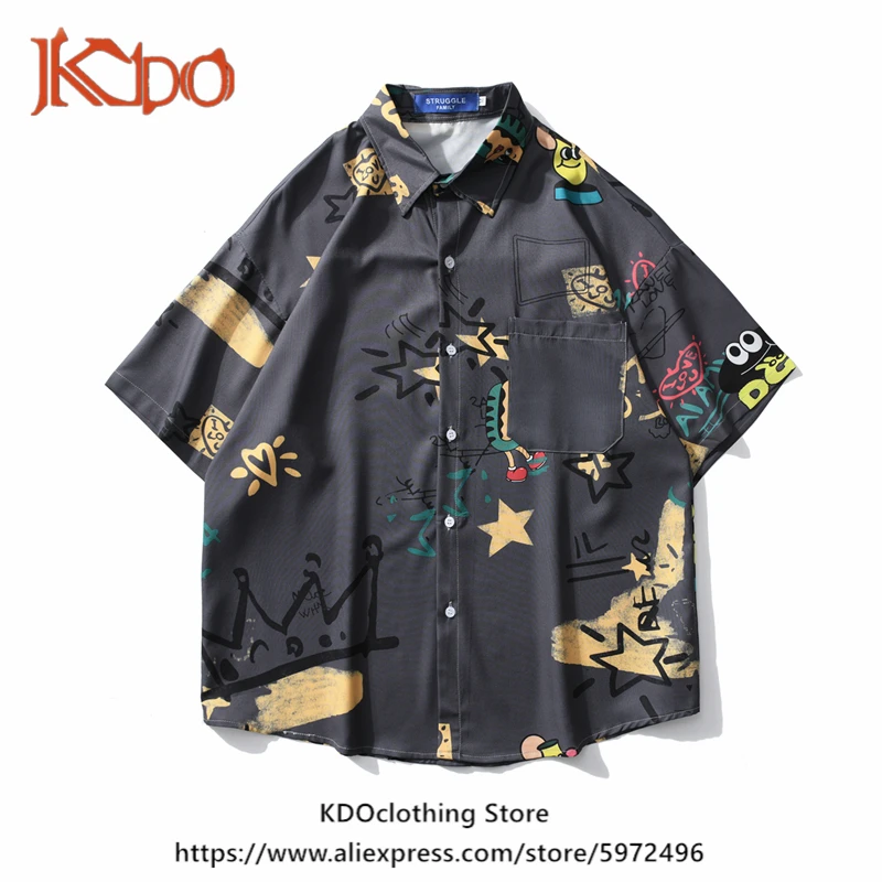 

INS Fashion Star Graffiti Printing Short-Sleeved Shirt Men Summer Lovers Outfit Casual Korean Clothes Streetwear Hawaiian Shirt