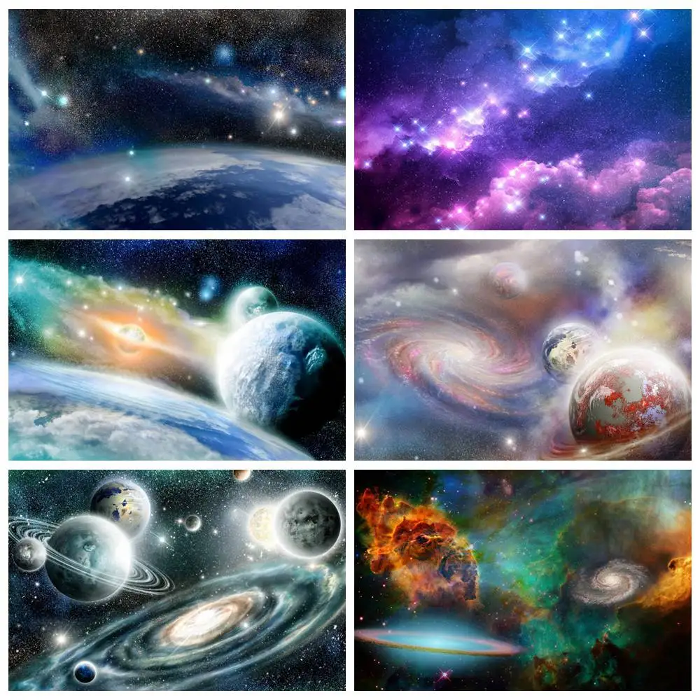 

Planets Nebula Backdrops Photography Boys Birthday Decoration Custom Outer Space Alien Mars Cloud Star Party Photo Backgrounds
