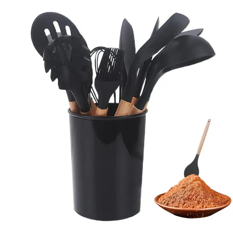 

Silicone Utensils Set Cookware Food Grade Silicone Soup Spoon Brush Wood Handle Kitchen Cooking Tool Turner Ladle Kitchenware