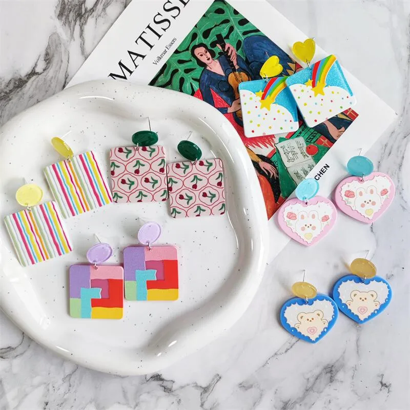 

Модные квадратные сердца бабочка тюльпан кролик медведь акриловые Висячие серьги для женщин девушек простые полосы Звезда Серьги Подарки