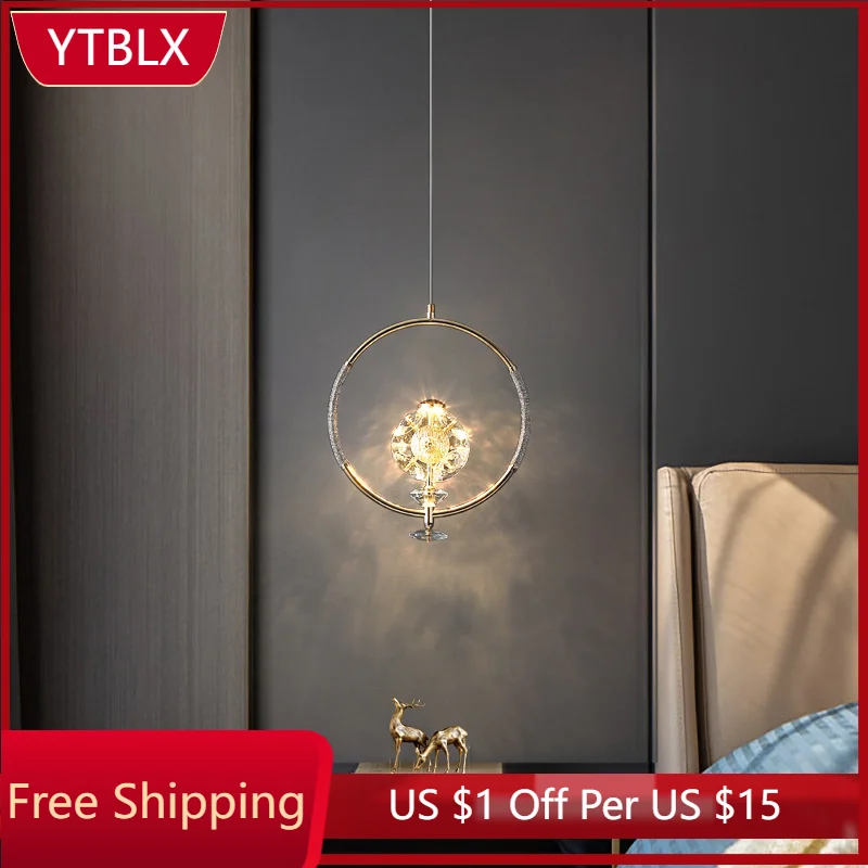 

Modern Led Bedroom Bedside Crystal Pendant Lights Simple Kitchen Living Room Chandelier Hanging Lighting Fixture Long Line Lamp