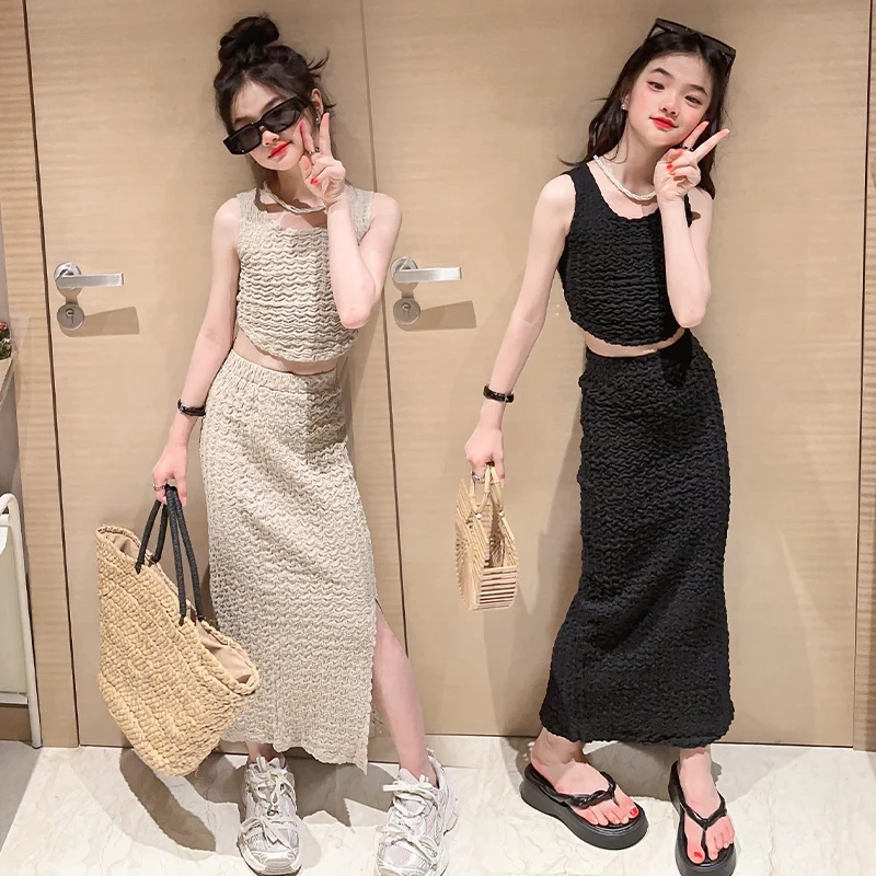

Fashion Childrens Clothing for Girls Summer Skirts Outfits Pleated Tank Top Skirt Set Slim Side Slit Sexy dress Solid Dress Kids