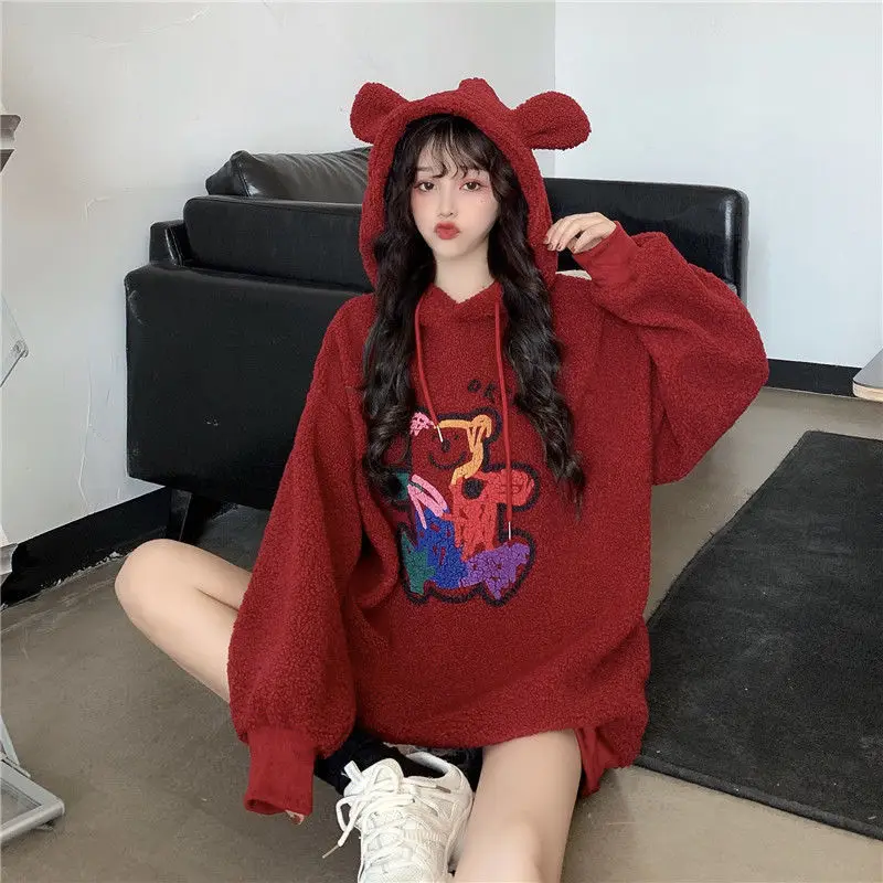 

Autumn and Winter New Loose Simple Fashion Trend Lazy Wind Casual Wild Hooded Bear Print Plus Velvet Thick Thick Top