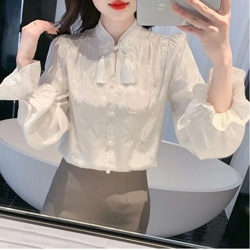 Новая женская рубашка с жаккардовыми пуговицами в китайском стиле весна-осень 2023