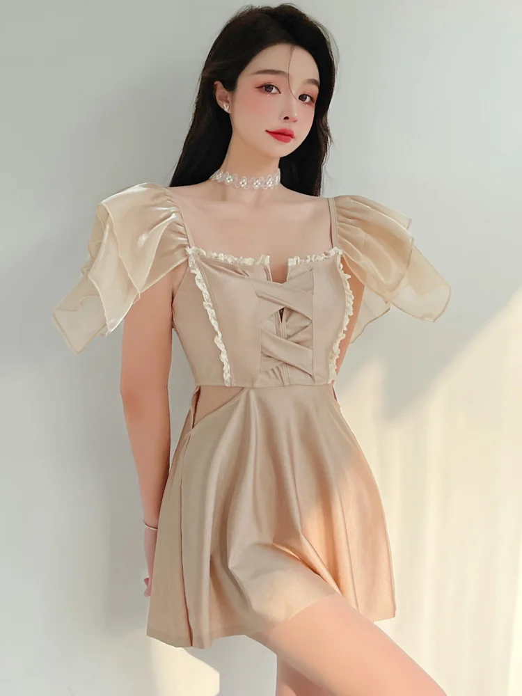 

Swimsuit Women's Pure Summer Swimsuit Slimming Cover Belly Conservative Split Beach Fairy Swimsuit Solid One Piece Swimwear