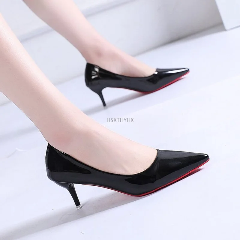 

Big Size 34-40 High Heels Pointed Toe Pumps Patent Leather Dress Shoes Thick Heels Office Shoes Woman Ladies Shoes Romeetse