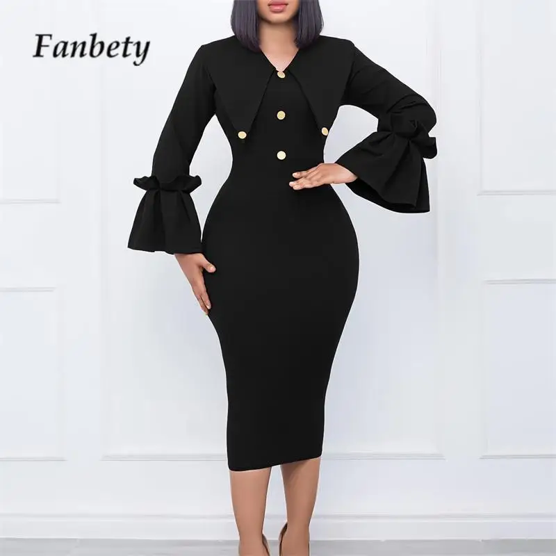 

Elegant Solid Color Lapel Office Dress Autumn Flared Long Sleeve Slim Long Dress Fashion Ladies Hip Wrap Commuter Dress Vestidos