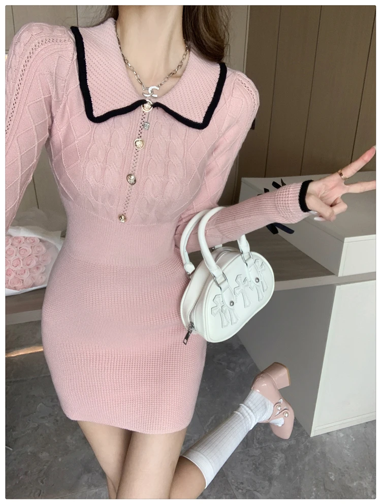 

Autumn Sweet Contrasting Colors Long Sleeve Knit Mini Dress Women O-Neck Buttons Pullover Sweater twist Dresses Above Knee