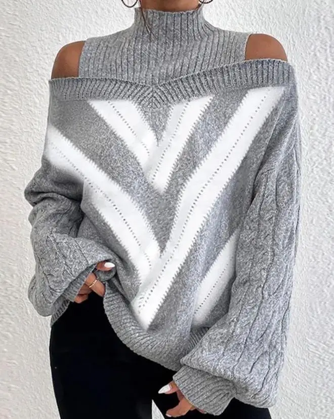 

Fashion Sweaters Women Autumn Winter Knitwear Chevron Pattern Cold Shoulder Lantern Sleeve Sweater Solid Casual Sweater