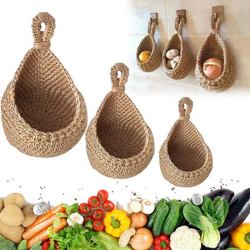 

Wall Hanging Vegetable and Fruit Basket Cotton Rope Woven Storage Basket Kitchen Table Wall Hanging Storage Basket Bag Dry Shelf