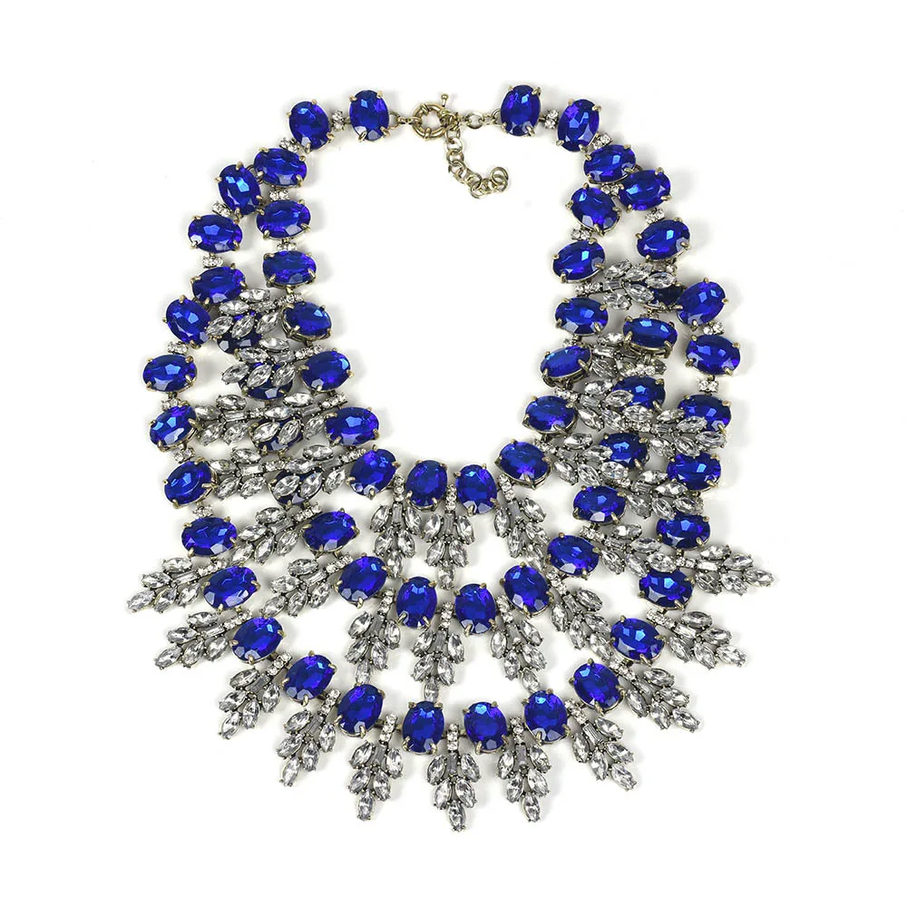 

Imitation Jewelry Luxury Crystal Rhinestone Blue Sapphire Bib Indian Kundan Jewellery Multilayer Statement Necklace for Women
