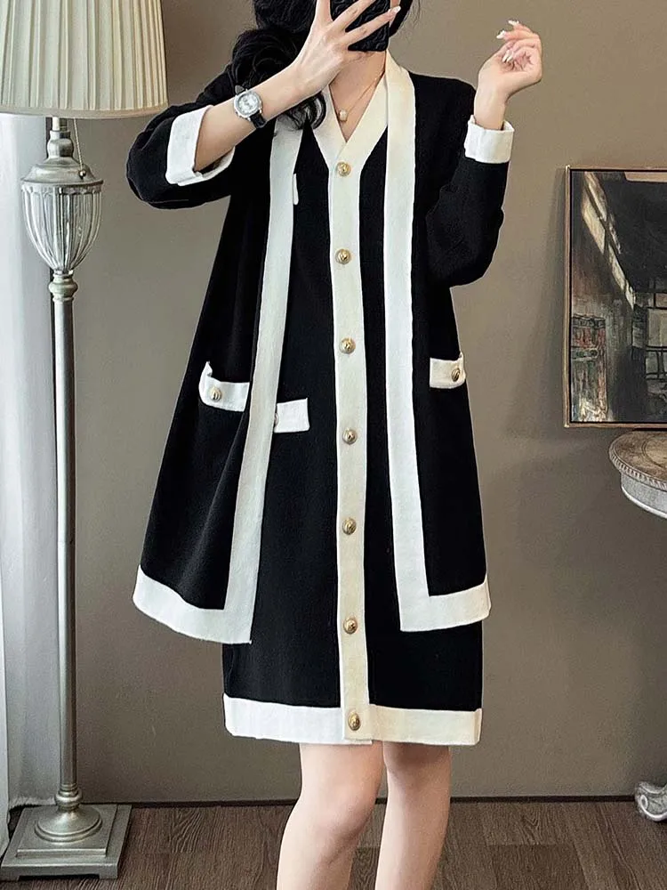 Повседневное платье-жилет контрастного цвета с v-образным вырезом + вязаный