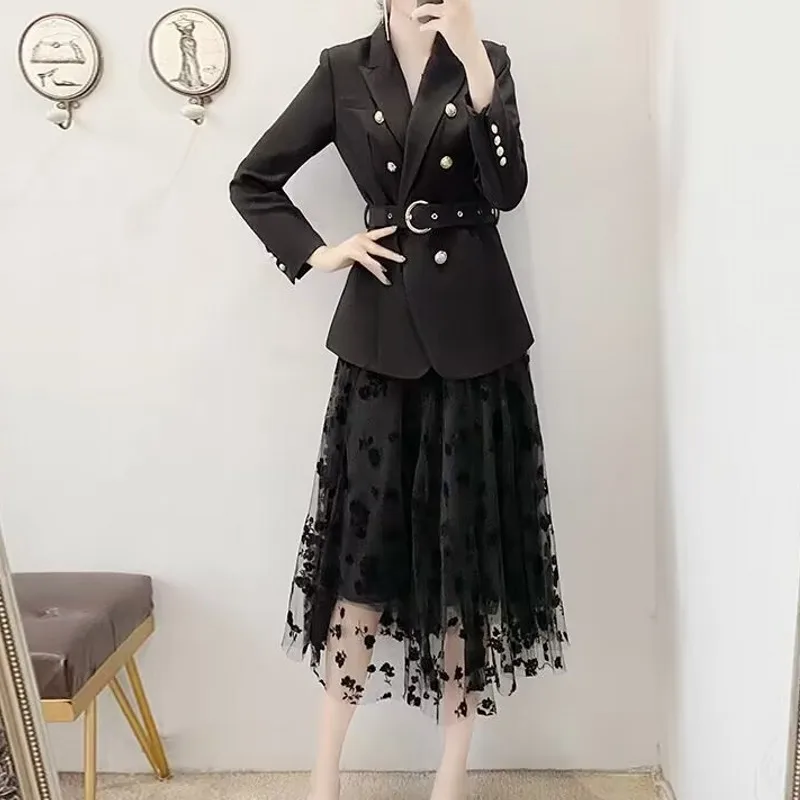 

Autumn New Skirt Suit Women Elegant Korean Lace-Up Fashion Blazer + Long Mesh Skirt Casual Evening Party 2-Piece Set