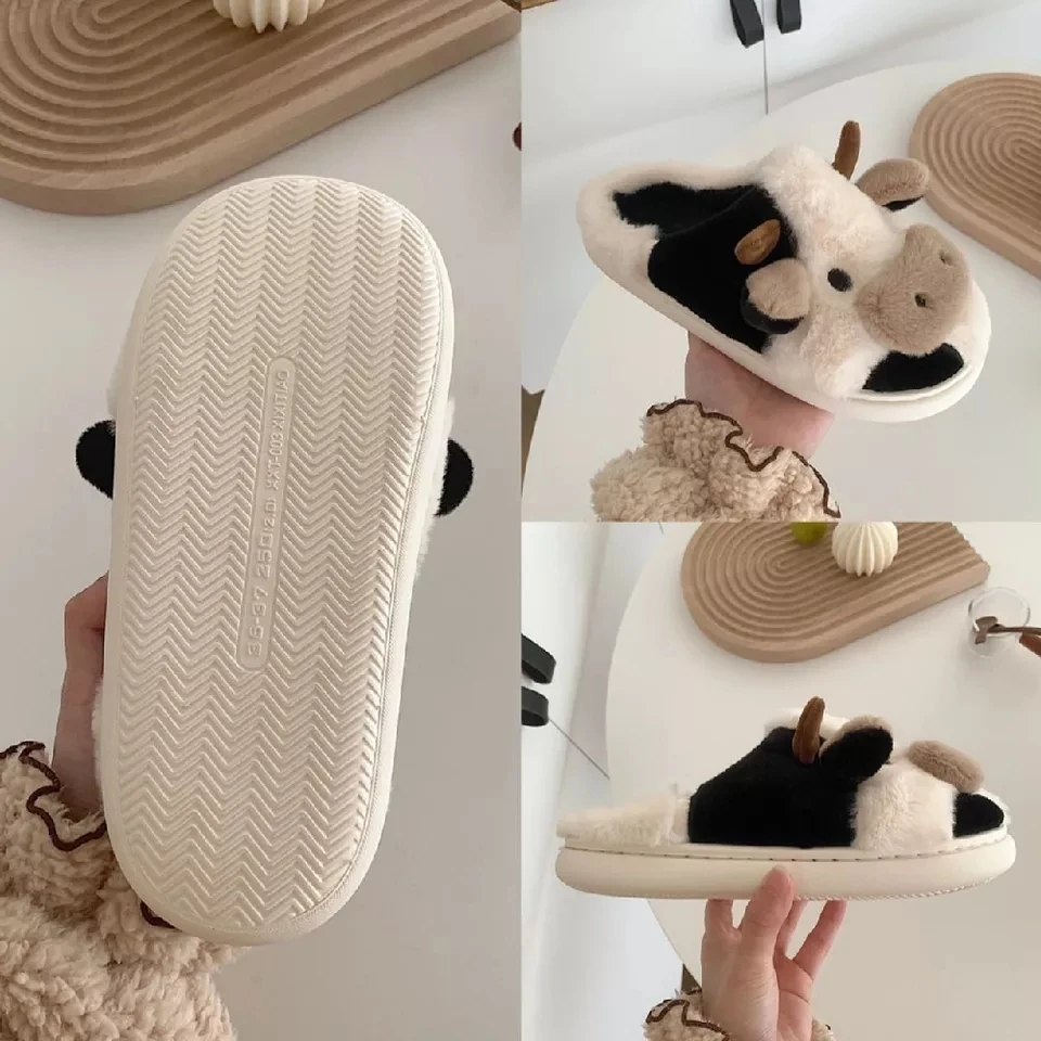 Comwarm Cute Animal Furry Slipper For Women Girls Fashion Fluffy Winter Warm Slippers Woman Cartoon Milk Cow Home Cotton Shoes images - 6