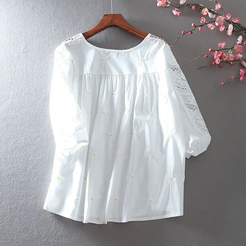 Элегантный кружевной топ с вырезами рукавом три четверти свободный крой куклой