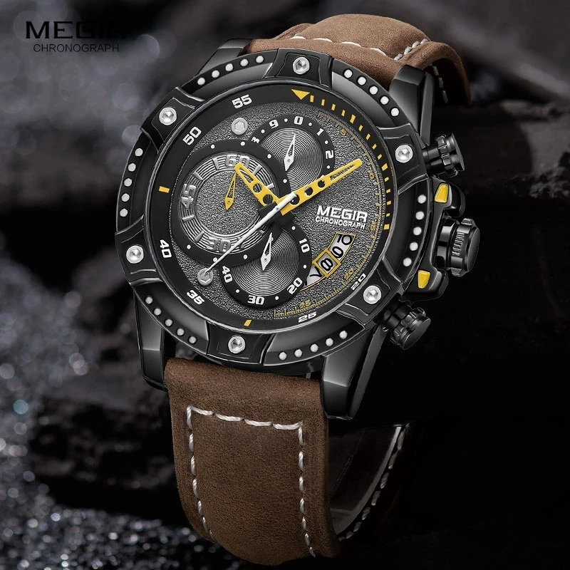 

MEGIR Beiläufige Uhr Männer Top Marke Luxus Chronograph Quarz Armbanduhr Lederband Armee Sport Uhren Relogios Masculio 2130
