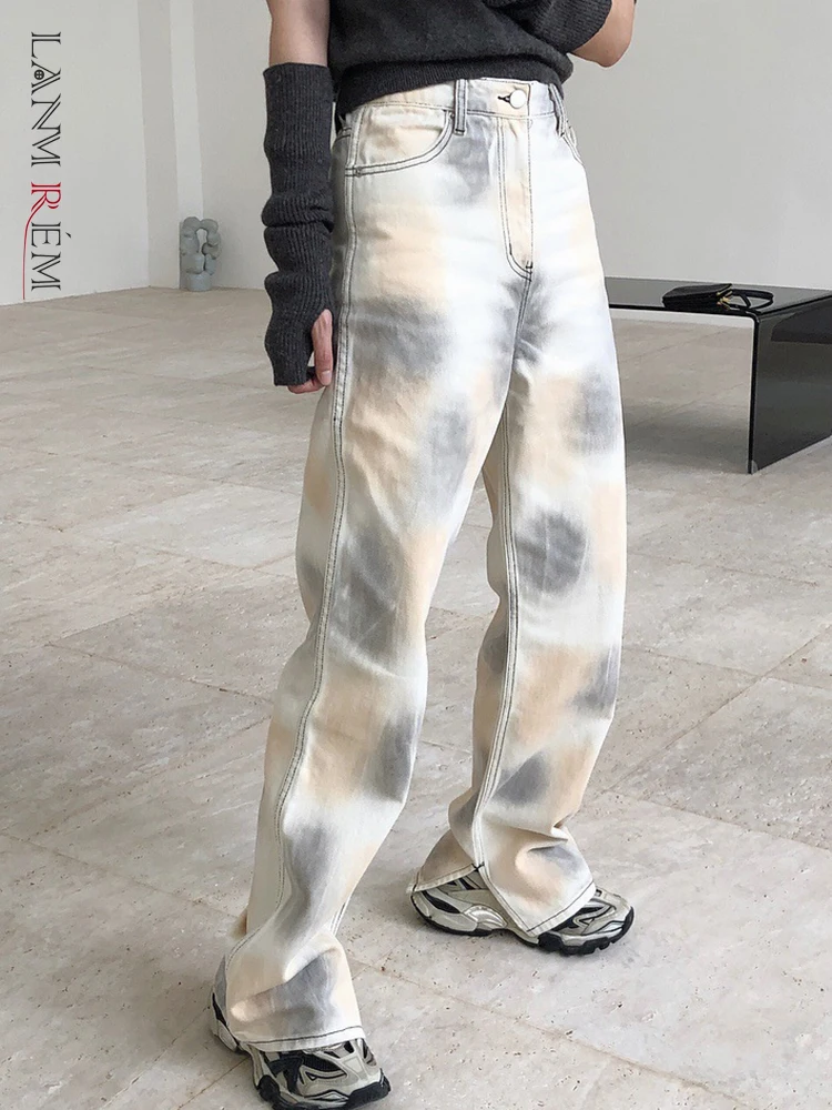 LANMREM Designer Printed Denim Pants High Waist Korean Straight Trousers Retro Tide Female Clothing 2023 Spring New 2YA1437