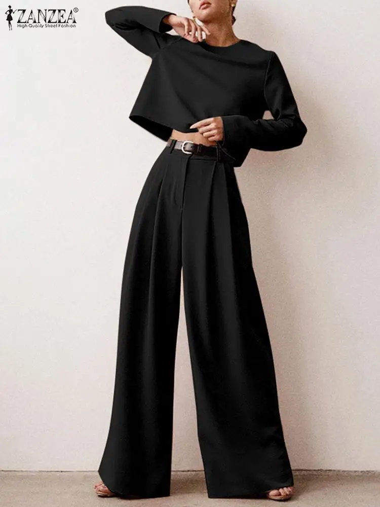 

ZANZEA Elegant Long Sleeve Blouse Wide Leg Pant 2PCS Autumn Women Casual Solid Matching Sets Oversize High Waist Pant Sets Femme