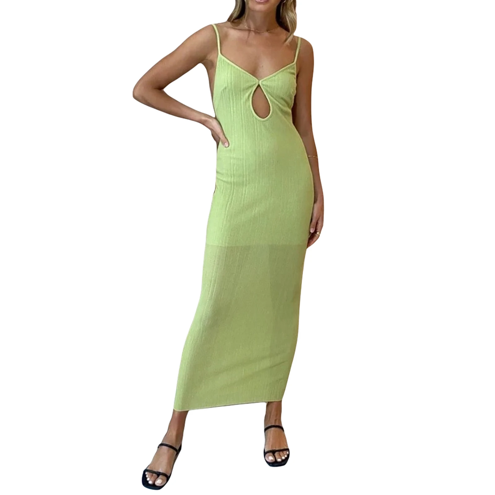 

Женское облегающее платье до щиколотки, однотонное платье на бретельках с вырезом, рюшами и открытой спиной